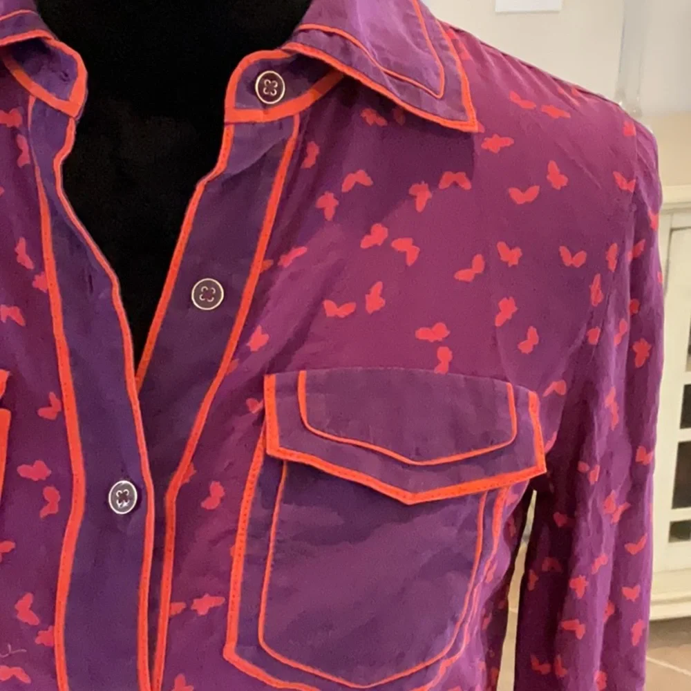 Tory Burch silk button down top, purple/orange, size XS